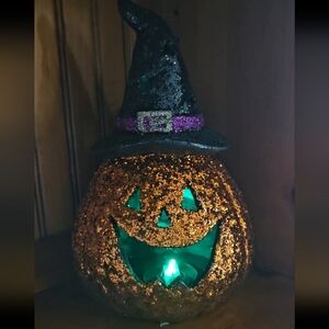 NEW SPARKLY HALLOWEEN DECORATION PUMPKIN FACE WITH HAT LED LIGHT UP ORANGE BLACK